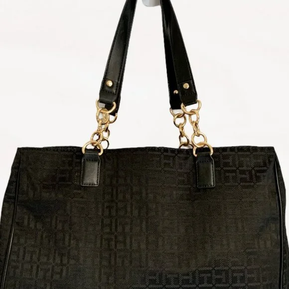 Tommy Hilfiger, Large, Black, T H Motif, Cloth Tote, Chain Handle - Picture 2 of 16